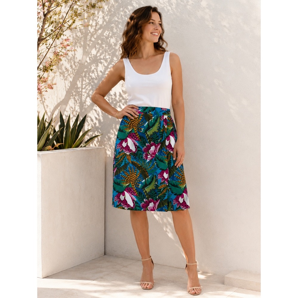 Leslie Fay Vintage 90s Tropical Floral Faux Wrap Midi Skirt Size 16 Size Large
